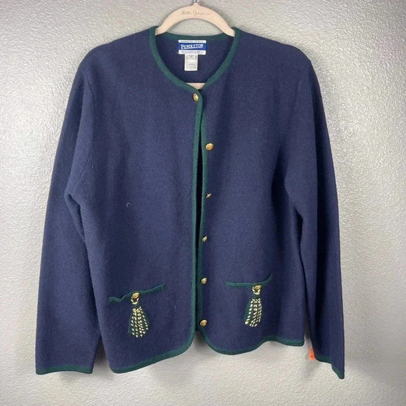 Vintage Pendleton Merino Wool Cardigan Sweater Navy Green Trim Gold Buttons L - Picture 1 of 10